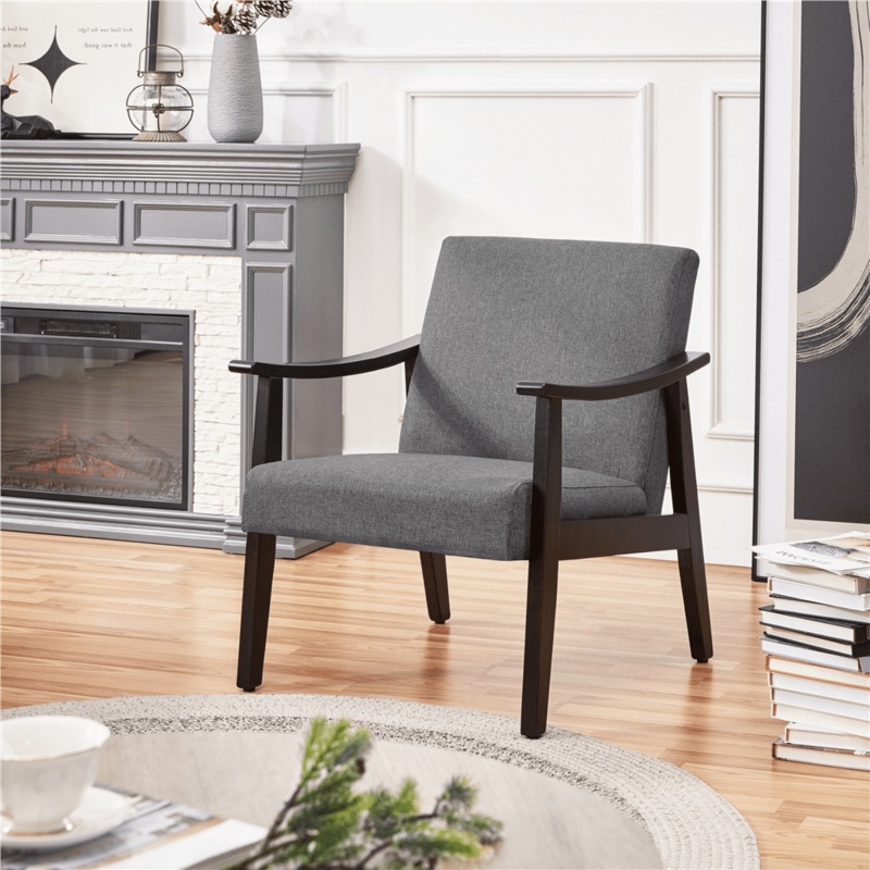 Alden Design Modern Fabric Accent Chair with Wooden Frame, Dark Gray