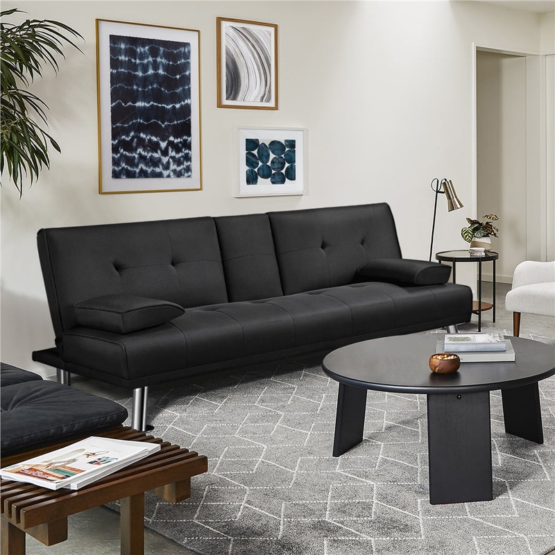 Alden Design Modern Fabric Reclining Futon with Cupholders and Pillows, Black