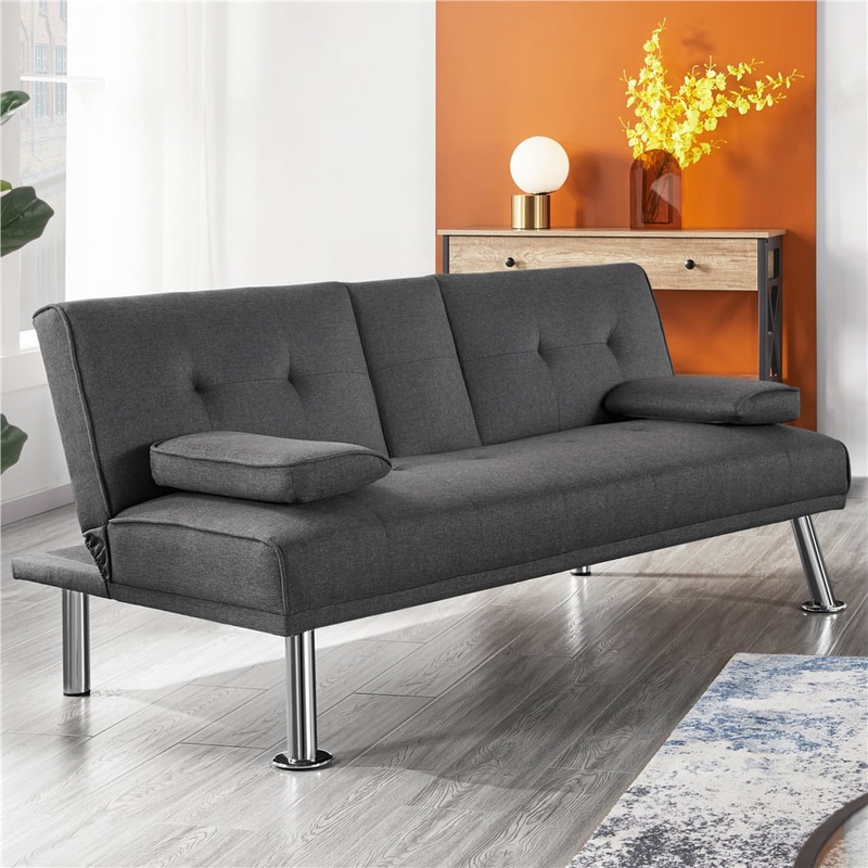 Alden Design Modern Fabric Reclining Futon with Cupholders and Pillows, Gray