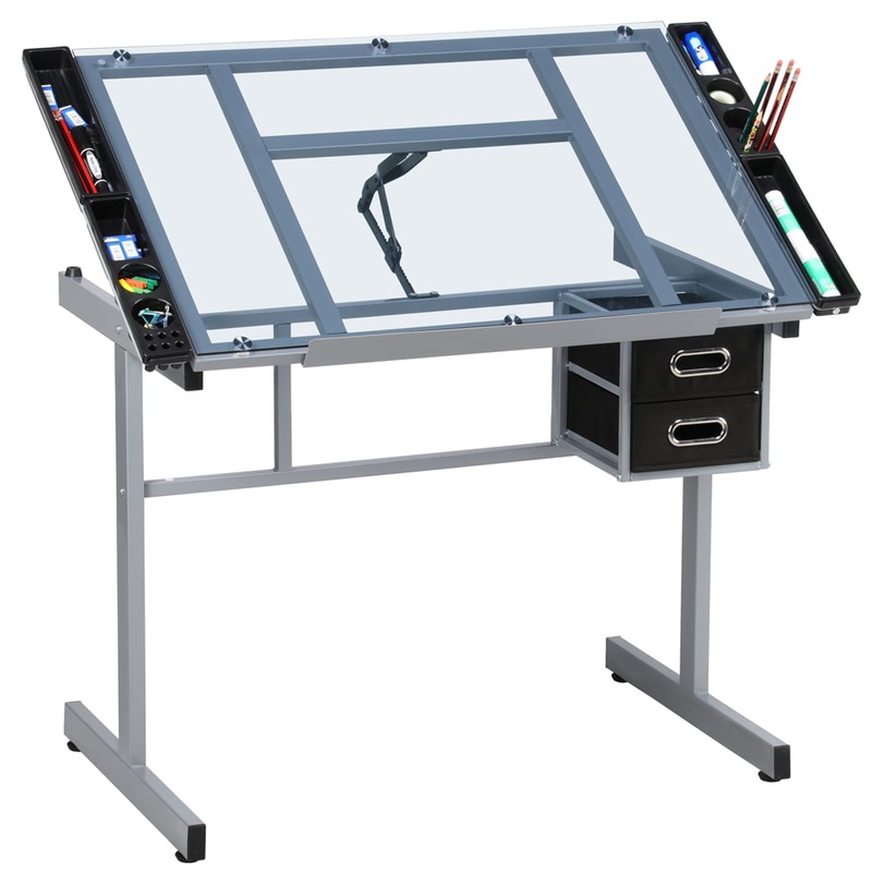 Alden Design Tempered Glass Adjustable Drafting Table with Storage Drawers