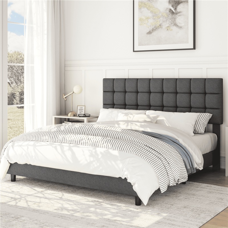 Alden Design Upholstered Tufted Platform King Bed, Dark Gray