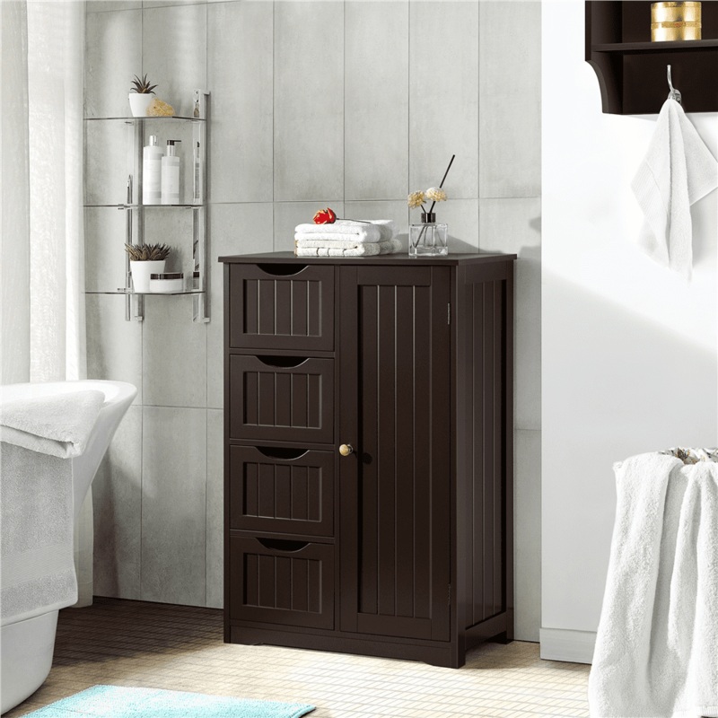 Alden Design Wooden Bathroom Storage Cabinet with 4 Drawers & Cupboard, Espresso