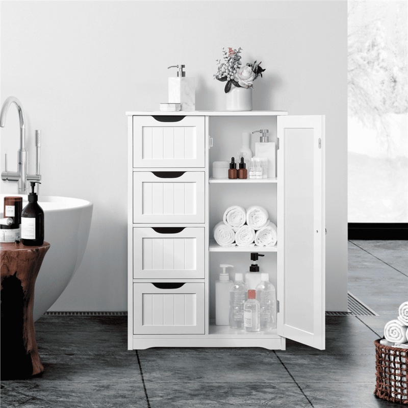 Alden Design Wooden Bathroom Storage Cabinet with 4 Drawers & Cupboard, White