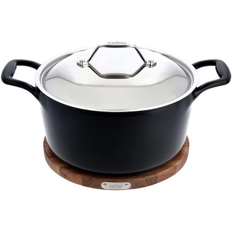 All-Clad Cast Iron Deep Skillet with Acacia Trivet 10 Inch Induction Oven Broil Safe 650F Pots and Pans, Cookware Black
