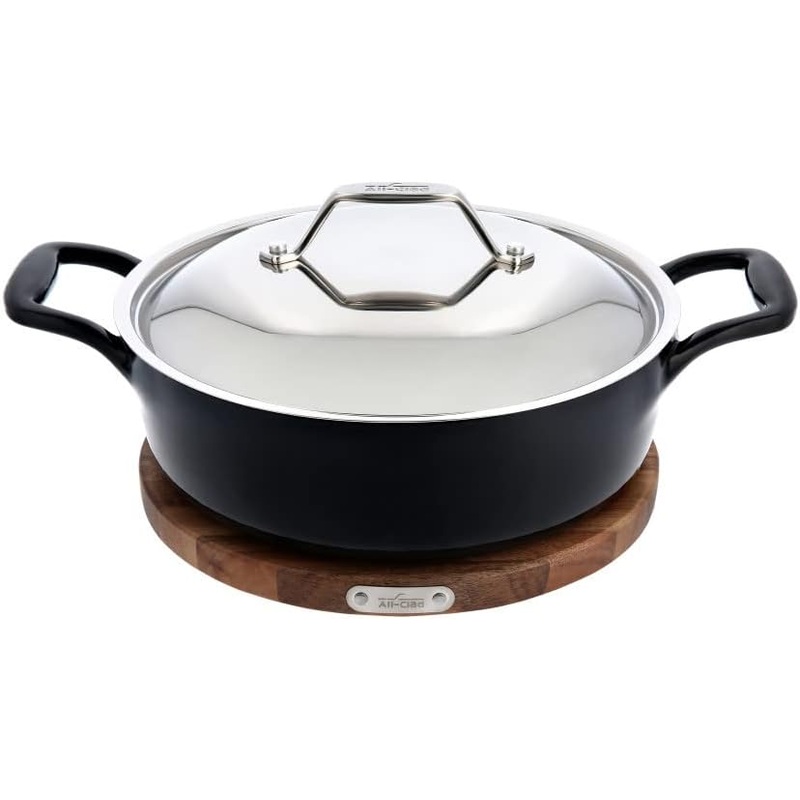 All-Clad Cast Iron Dutch Oven with Acacia Trivet 6 Quart Induction Oven Broil Safe 650F Pots and Pans, Cookware Black