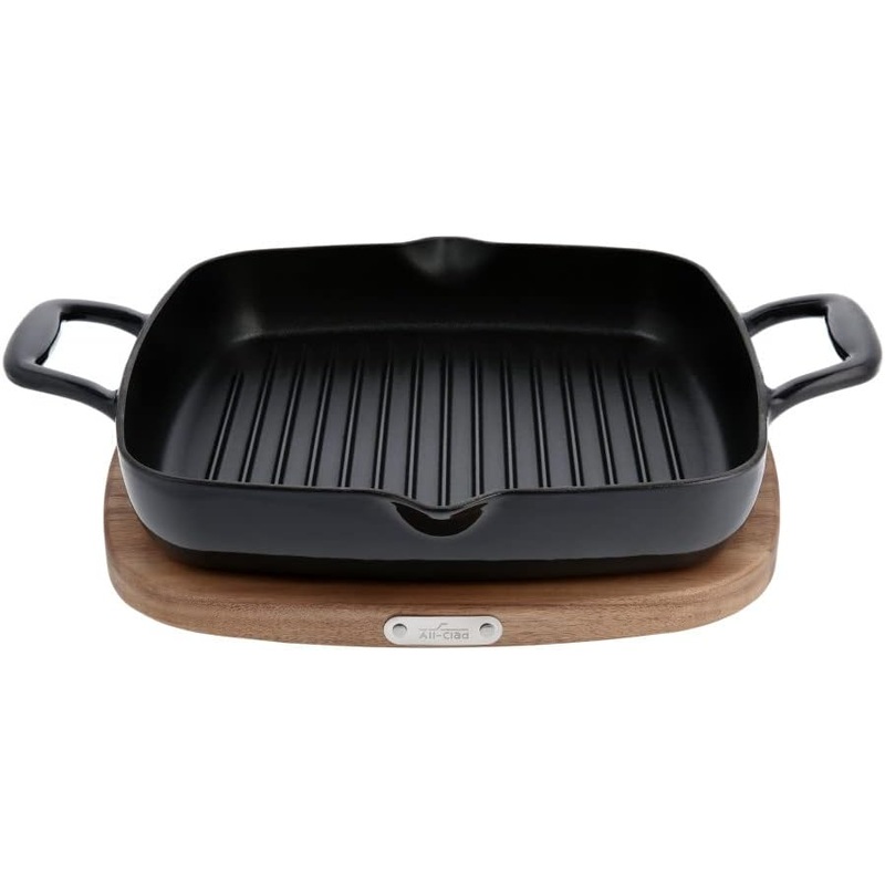All-Clad Cast Iron Square Griddle with Acacia Trivet 11 Inch Induction Oven Broil Safe 650F Pots and Pans, Cookware Black