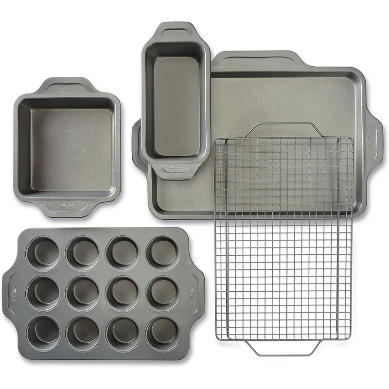 All-Clad Pro-Release Nonstick Bakeware Set 5 Piece Oven Safe 450F Half Sheet, Cookie Sheet, Muffin Pan, Cooling & Baking Rack, Round Cake Pan, Loaf Pan, Baking Pan Grey