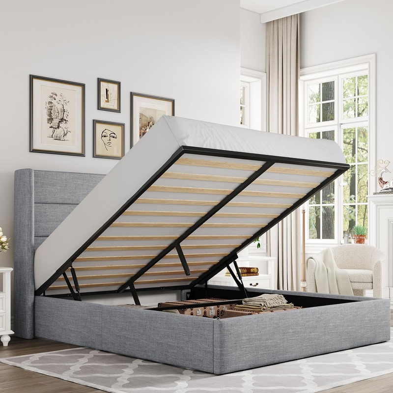 Allewie Full Size Lift Up Storage Bed, Modern Wingback Headboard, No Box Spring Needed, Hydraulic Storage, Light Grey