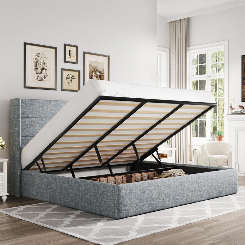 Allewie King Size Lift Up Storage Bed, Modern Wingback Headboard, No Box Spring Needed, Hydraulic Storage, Grey Blue