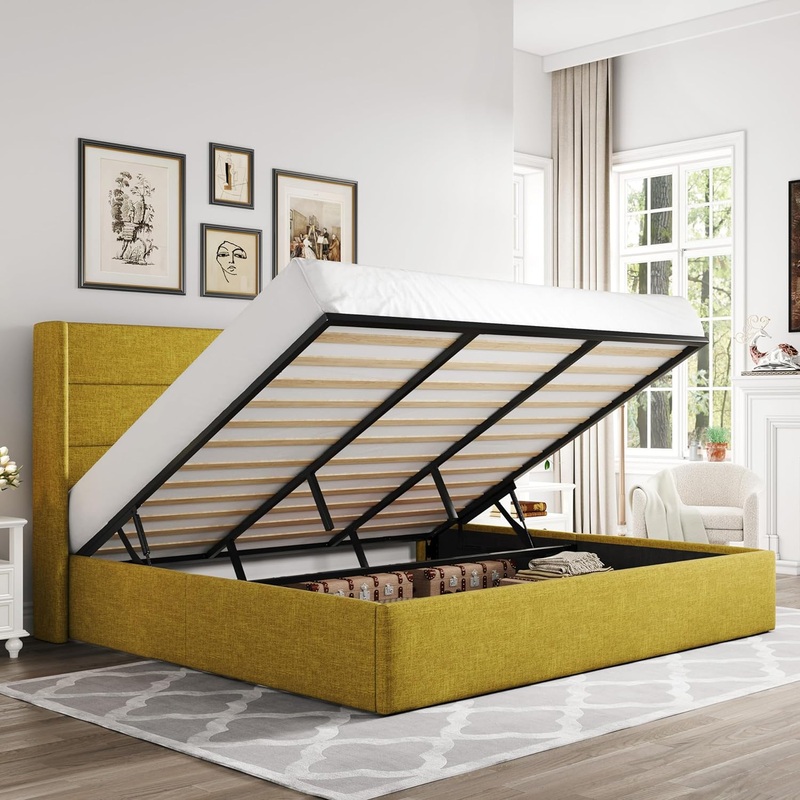 Allewie King Size Lift Up Storage Bed, Modern Wingback Headboard, No Box Spring Needed, Hydraulic Storage, Olive Yellow
