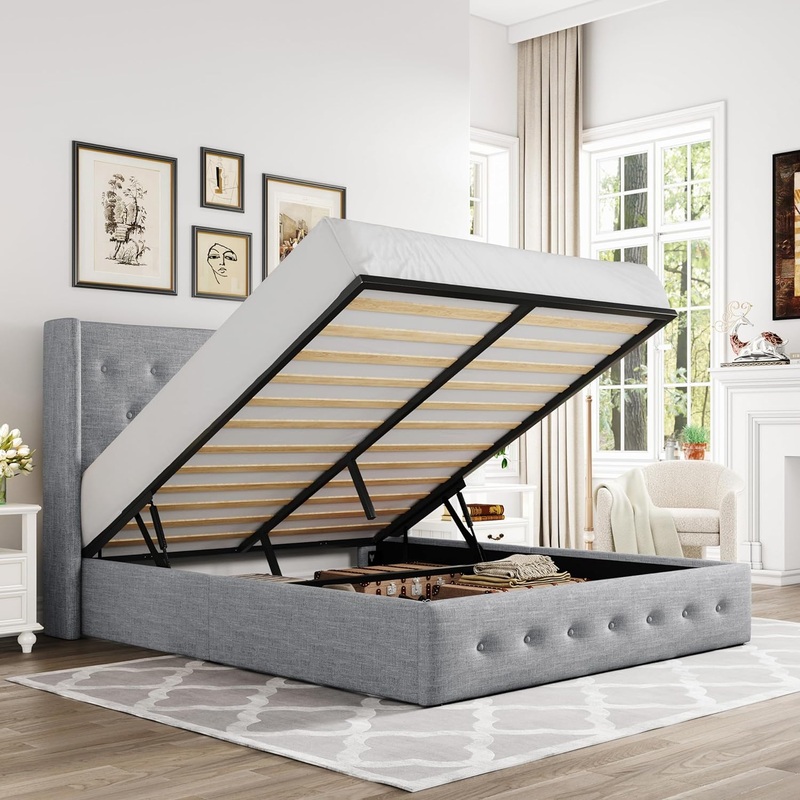 Allewie Queen Size Lift Up Storage Bed, Button Tufted Headboard with Wingback, No Box Spring Needed, Hydraulic Storage, Light Grey
