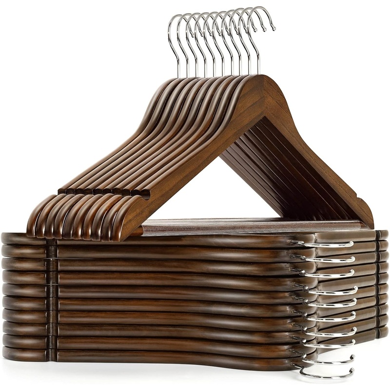 Amber Home Solid Wood Suit Coat Hangers 30 Pack, Smooth Retro Finish Wooden Dress Hangers with Non Slip Pant Bar, Clothes Hangers with 360 Swivel Hook & Notches for Jacket, Pant, Shirt (Retro, 30)