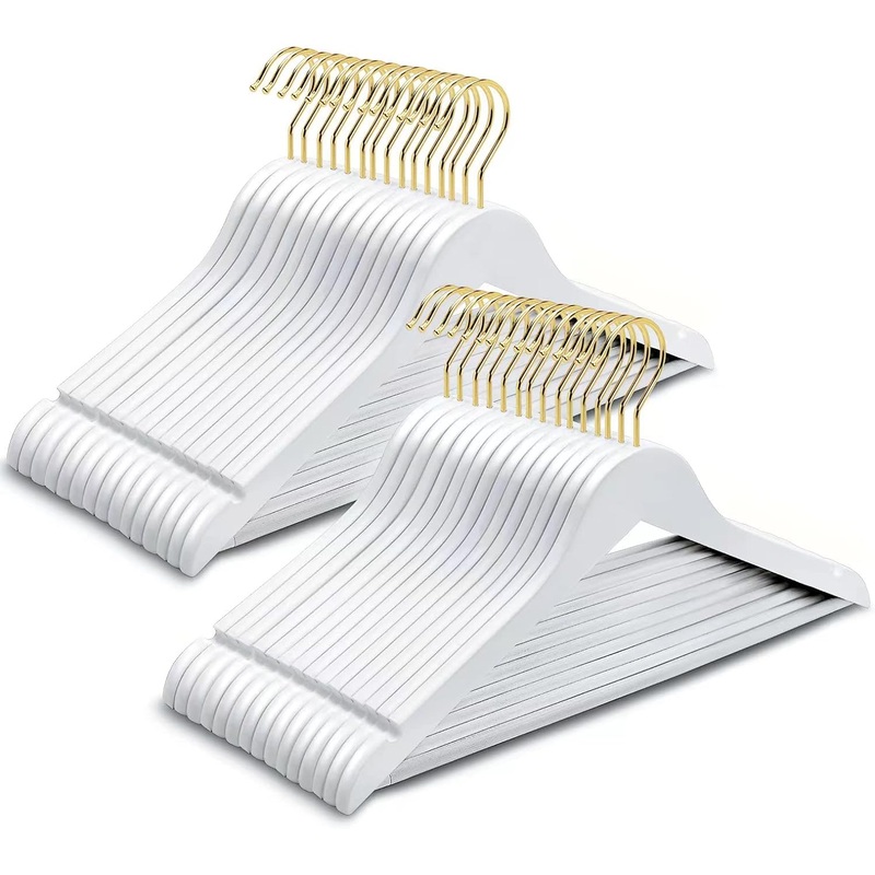 Amber Home Solid Wood Suit Coat Hangers 30 Pack, Smooth White Finish Wooden Dress Hangers with Non Slip Pant Bar, Clothes Hangers with Gold Hook & Notches for Jacket, Pant, Shirt (White+Gold, 30)