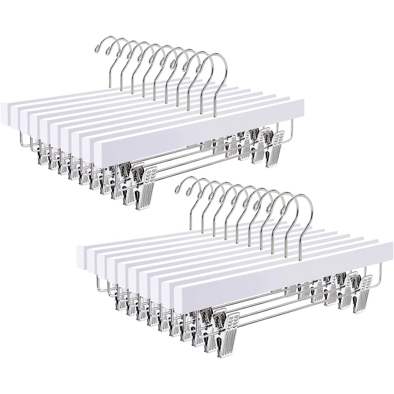 Amber Home White Wooden Pants Skirts Hangers 24 Pack, Solid Wood Trousers Bottom Hanger with 2-Adjustable Clips, Clips Hangers for Slacks, Jeans, Shorts (White, 24 Pack)