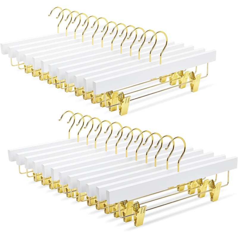 Amber Home White Wooden Pants Skirts Hangers 24 Pack, Solid Wood Trousers Bottom Hanger with 2-Adjustable Gold Clips, Clips Hangers for Slacks, Jeans, Shorts (White + Gold, 24)
