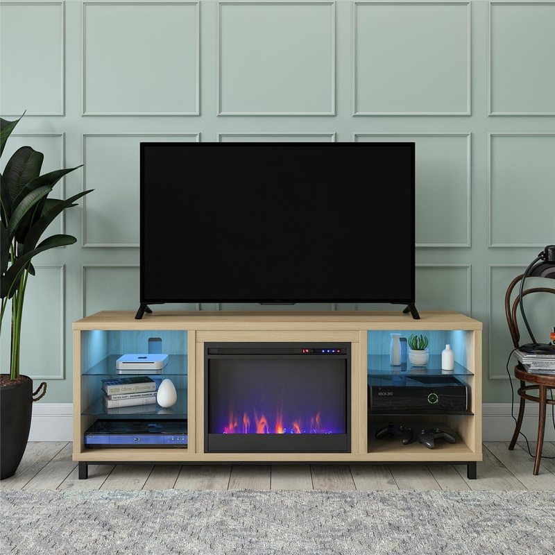 Ameriwood Home Lumina Deluxe Fireplace TV Stand for TVs up to 70, Blonde Oak