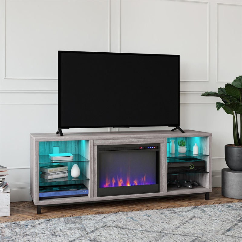 Ameriwood Home Lumina Deluxe Fireplace TV Stand for TVs up to 70, Light Walnut