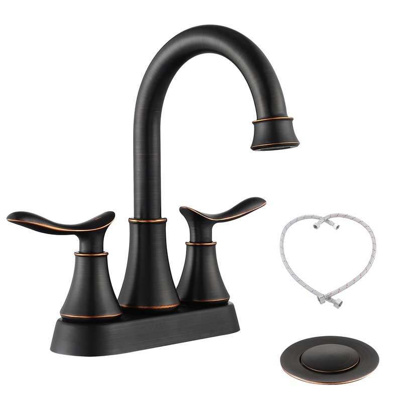 2-Handle 4-Inch Oil Rubbed Bronze Bathroom Faucet, Bathroom Vanity Sink Faucets with Pop-up Drain and Supply Hoses 14.17.24 inches