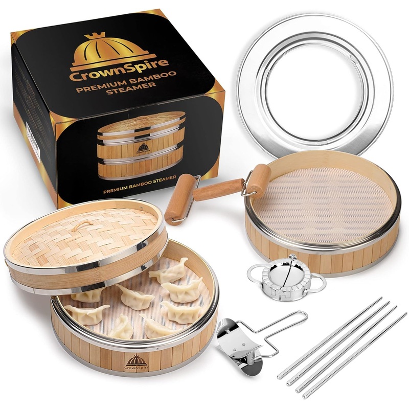 2 Tier Bamboo Steamer | Bamboo Steamer Basket with Reusable Silicone Liner | Food Dim Sum Kit for Cooking Baby Bao Bun, Rice, Vegetable, Fish and Meat