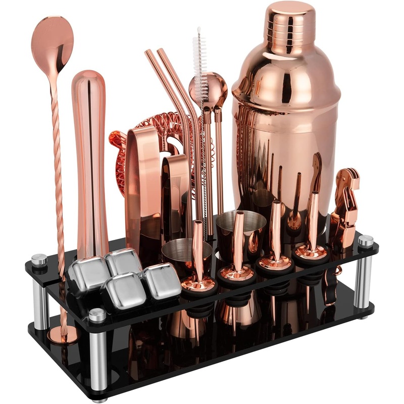23 Piece Cocktail Shaker Set Bartender Kit with Acrylic Stand & Cocktail Recipes Booklet, Professional Bar Tools for Drink Mixing, Home, Bar, Party (Include 4 Whiskey Stones)  Gold