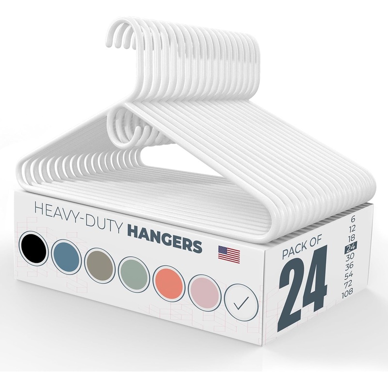 24pk Made in USA Heavy Duty Plastic Clothes Hangers Bulk, 20 30 50 100 Pack Available, Strong Plastic Hangers, Jacket Coat Hangers, Thick Plastic Hanger for Closet and Clothing Hangars (Black)