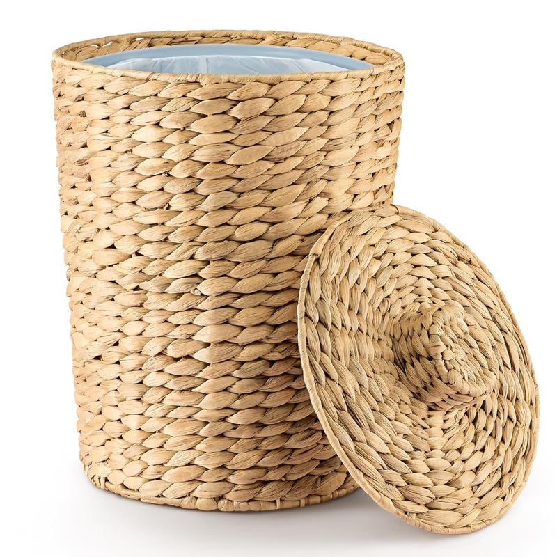 3 Gallons Wicker Waste Basket with Lid  Large Wicker Trash Can for Office  WasteBaskets for Bedroom, Bathroom, Kitchen, Living Room  Boho Handwoven Trash Cans for Garbage (Water Hyacinth)