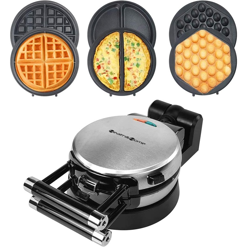 3-in-1 Waffle, Omelet, Egg Waffle Maker, 3 Removable Nonstick Baking Plates, Upgraded 360 Rotating Belgian Maker