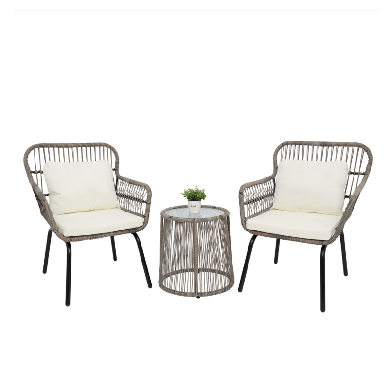 3-Piece Patio Wicker Conversation Bistro Set with 2 Chairs & Glass Top Side Table & Cushions Tan