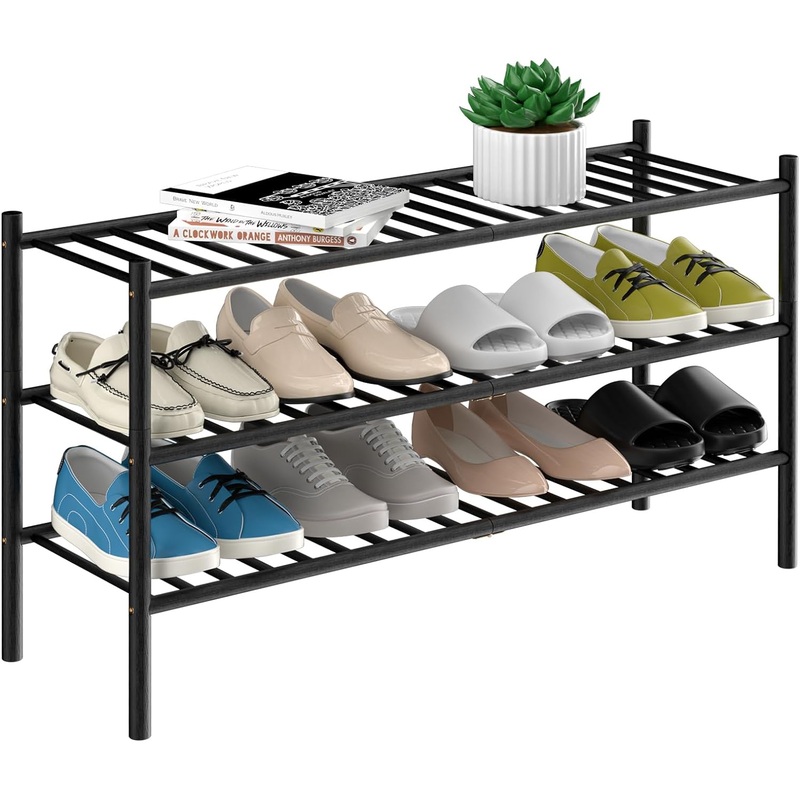 3-Tier Bamboo Long Shoe Rack, Free Standing Wood Shoe Shelf Storage Organizer for Closet Entryway Stackable 35x11x20 (Black)