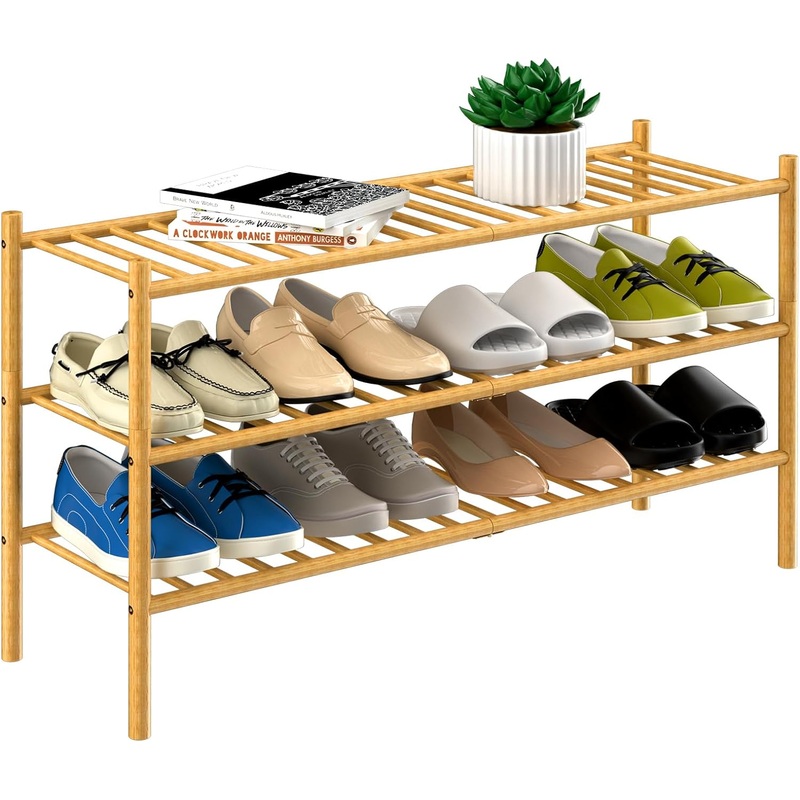 3-Tier Bamboo Long Shoe Rack, Free Standing Wood Shoe Shelf Storage Organizer for Closet Entryway Stackable 35x11x20 (Natural)