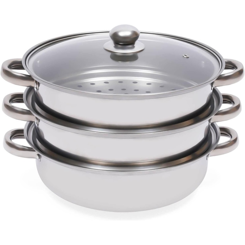 3-Tier Stainless Steel Steamer, Meat Vegetable Cooking Steam Pot Kitchen Steamer Cooker with Handle for Steaming Tamales, Veggie, Broccoli, Couscous, Pasta And Dumplings