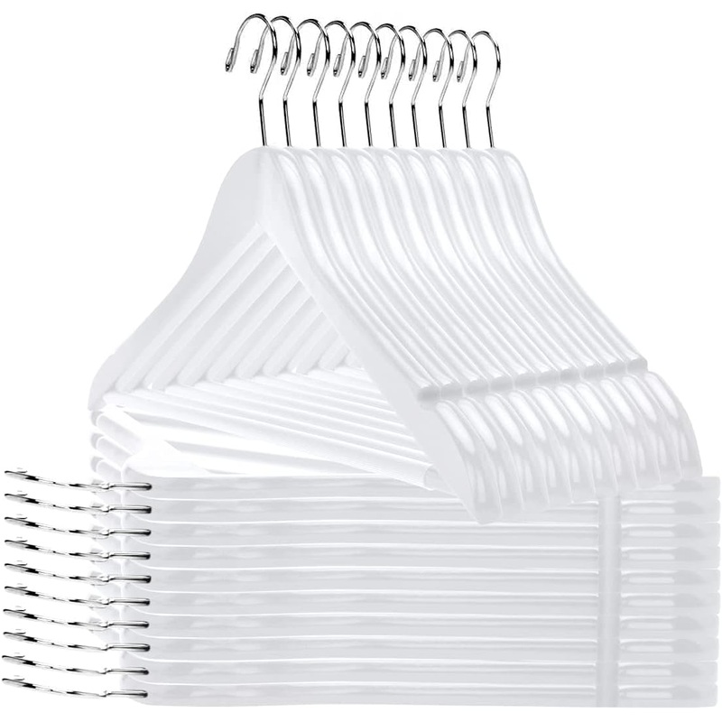 30 Quality Wooden Hangers  Slightly Curved Hanger 30-Pack Sets  Solid Wood Coat Hangers with Stylish Chrome Hooks  Heavy-Duty Clothes, Jacket, Shirt, Pants, Suit Hangers (White, 30), 17.5 inch