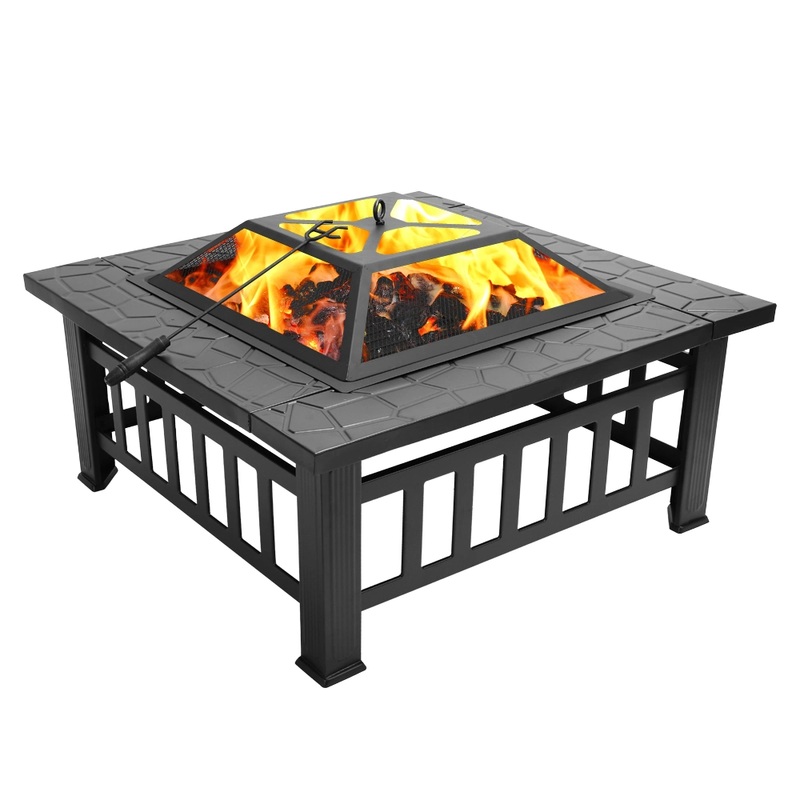 32 Inch Heavy Duty 3 in 1 Metal Square Patio Firepit Table BBQ Garden Stove with Spark Screen Cover Log Grate and Poker for Outside Wood Burning and Drink Cooling (32 x 32 x 17)