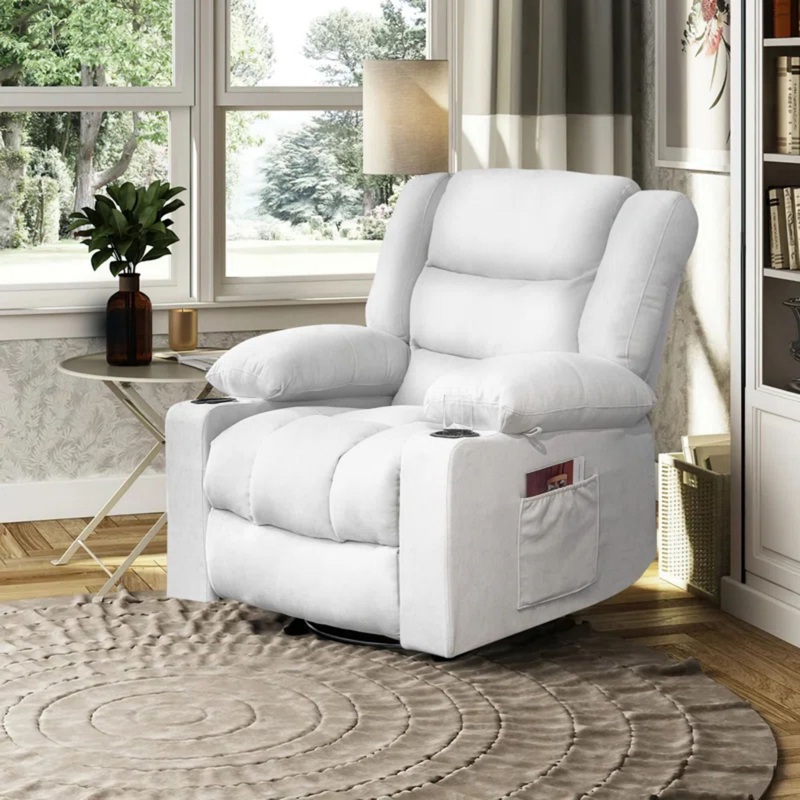 36.6 Wide Super Soft and Oversize Chenille Manual Swivel Rocker Heating Massage Recliner Chair with Cupholders for Living Room, Bedroom,  Gray