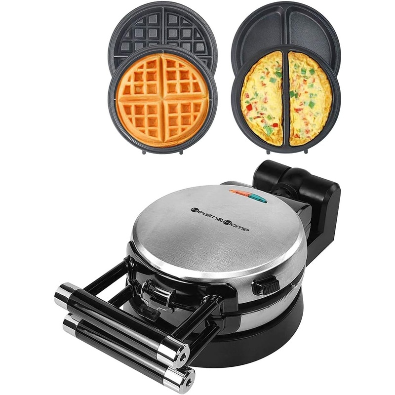 360 Rotating Belgian Multifunction Nonstick Baking Waffle Maker with 2 sets of Interchangeable Belgian Waffle and Omelet Baking plates