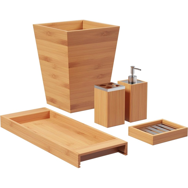 5-Piece Bathroom Decor Set  Bamboo Vanity Accessories with Trash Bin, Soap Dish, Soap Dispenser, Toothbrush Holder, and Tray by Lavish Home (Natural)