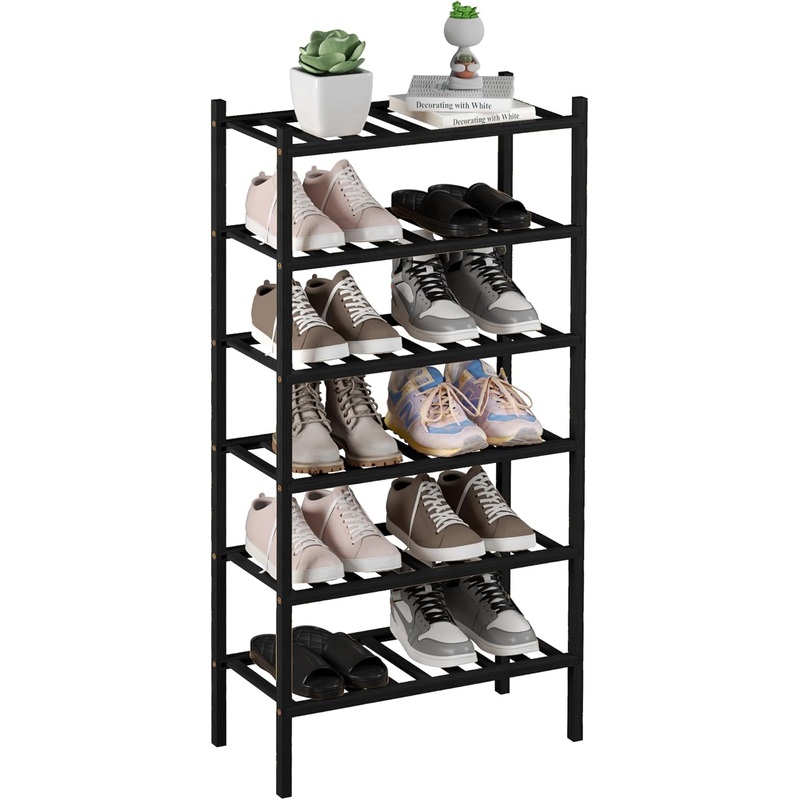 6-Tier Bamboo Small Shoe Rack, Free Standing Wood Shoe Shelf Storage Organizer for Closet Entryway Stackable (Black)