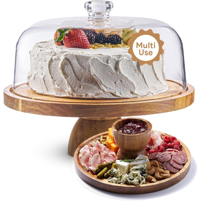 Acacia Wood Cake Stand with Lid  12in Round Cake Holder, 2-in-1 Dessert Table Display Set & Charcuterie Board for Cheese, Chips & Dips, Nachos, Fruit Platter, Large Acrylic Cake Dome Cover