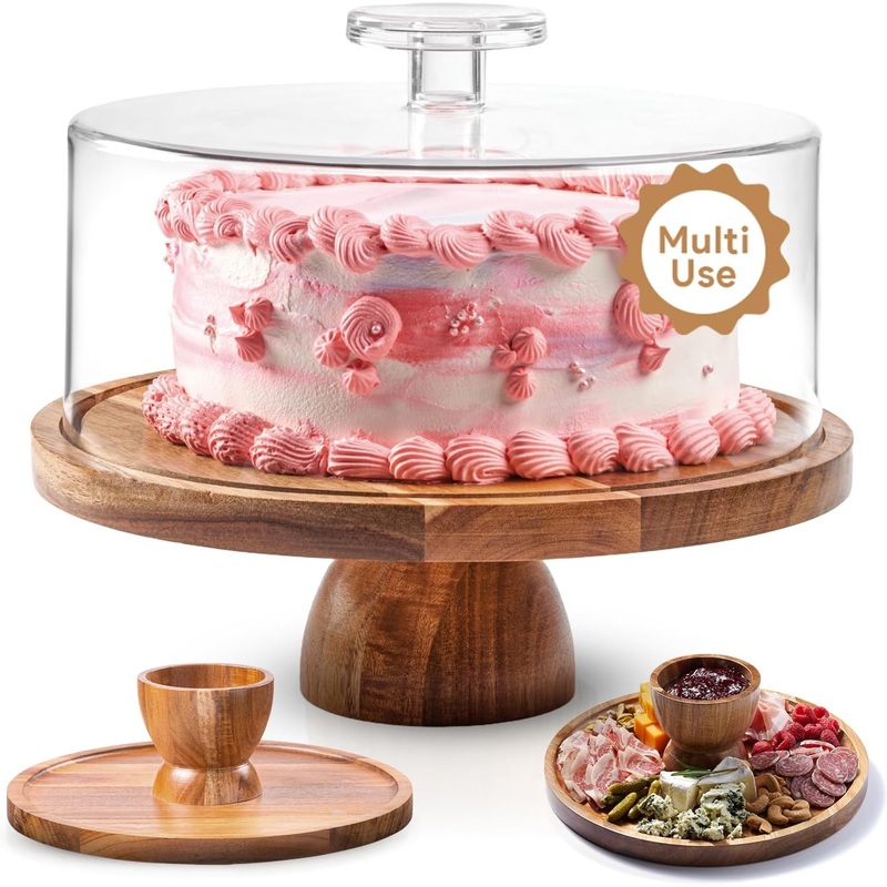Acacia Wood Cake Stand with Lid  Multifunctional 12 In Round Cake Holder, Dessert Table Display Set & Charcuterie Board for Cheese, Chips, Fruit Platter, Acrylic Cake Dome Cover, No Glass