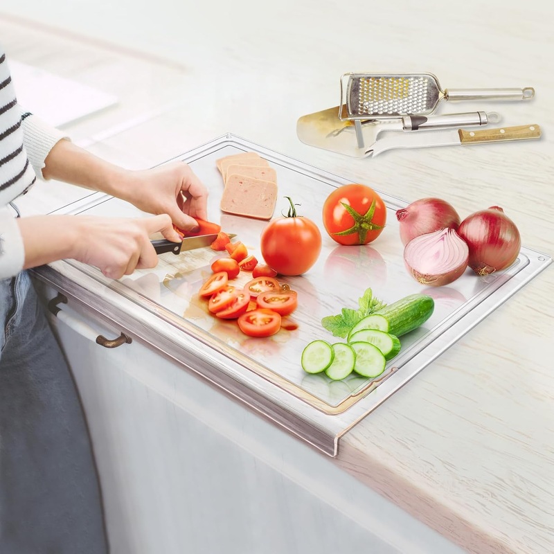 Acrylic Large Cutting Board with Juice Groove, 2418 Inch Clear Cutting Board with Counter Lip, Non Slip Cutting Mat for Kitchen, Table Protector, Mothers Day Gifts for Mom