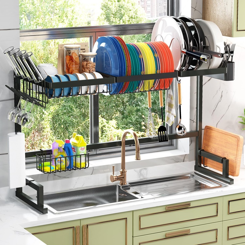 ADBIU Over The Sink (24- 32.5 L) Dish Drying Rack (Expandable Dimension) Snap-On Design 2 Tier Kitchen Large Dish Drainer Stainless Steel Counter Storage Organizer