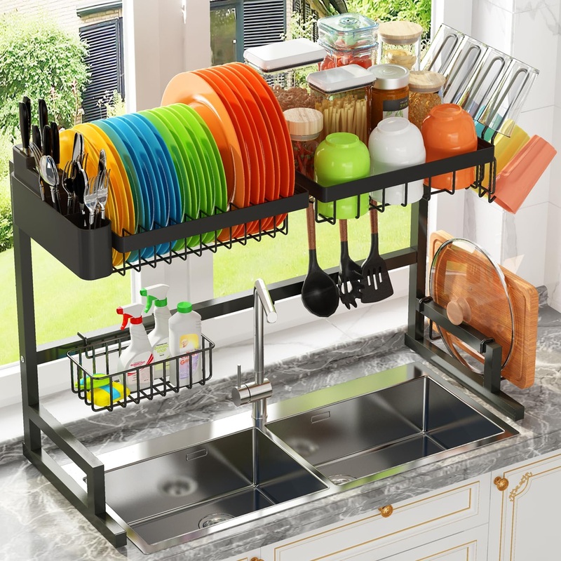 ADBIU Over The Sink Dish Drying Rack (Expandable Height and Length) Snap-On Design 2 Tier Large Dish Rack Stainless Steel (24  35.5(L) x 12(W) x 19  22(H))
