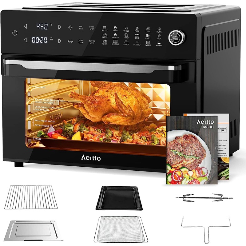 Aeitto 32-Quart PRO Large Air Fryer Oven| Toaster Oven Combo | with Rotisserie, Dehydrator and Full Accessories | 19-In-1 Digital Airfryer | Fit 13 Pizza, 9pcs Toast, 1800w, Black