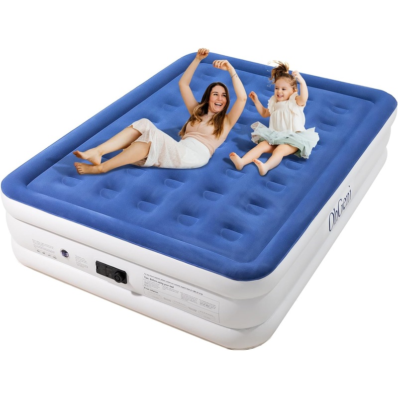 Air Mattress Queen with Built in Pump,18 Inch Elevated Quick Inflation/Deflation Inflatable Bed, High Durability Blow Up Mattresses for Camping, Indoor, Guests Air Bed, Blue