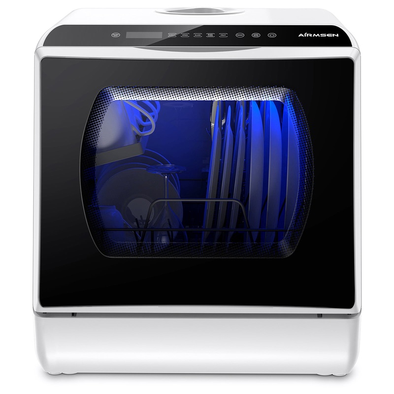 AIRMSEN AE-TDQR03 Portable Countertop Dishwasher with 5-Liter Built-in Water Tank and Air-Dry Function, 5 Washing Programs, White/Black