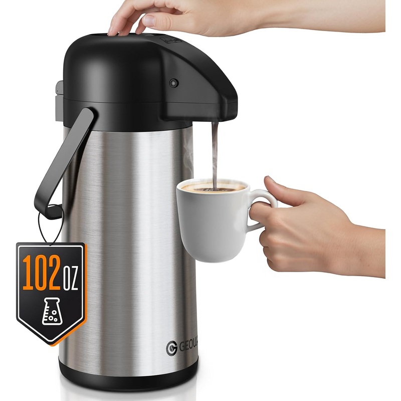 Airpot Coffee Carafe for Keeping Hot  102 OZ/ 3L Large Coffee Dispenser with Pump  Insulated Stainless Steel Thermos Urn for Hot Drinks Water Tea Chocolate  Thermal Beverage Dispenser for Parties