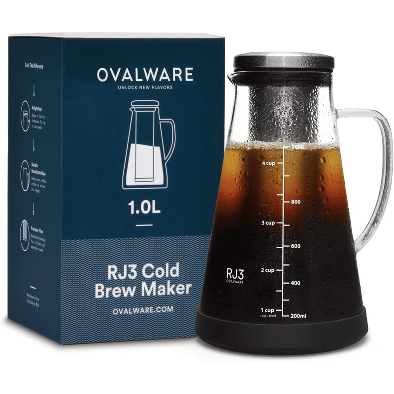 Airtight Cold Brew Iced Coffee Maker Pitcher and Tea Infuser with Spout  1.0L / 34oz Ovalware RJ3 Brewing Glass Carafe with Removable Stainless Steel Filter