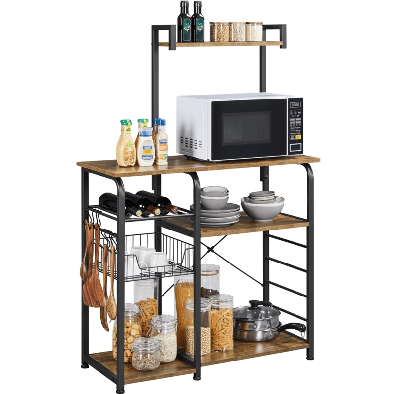 Alden Design 35.5 Kitchen Storage Shelf Bakers Rack with 10 Hooks, Rustic Brown