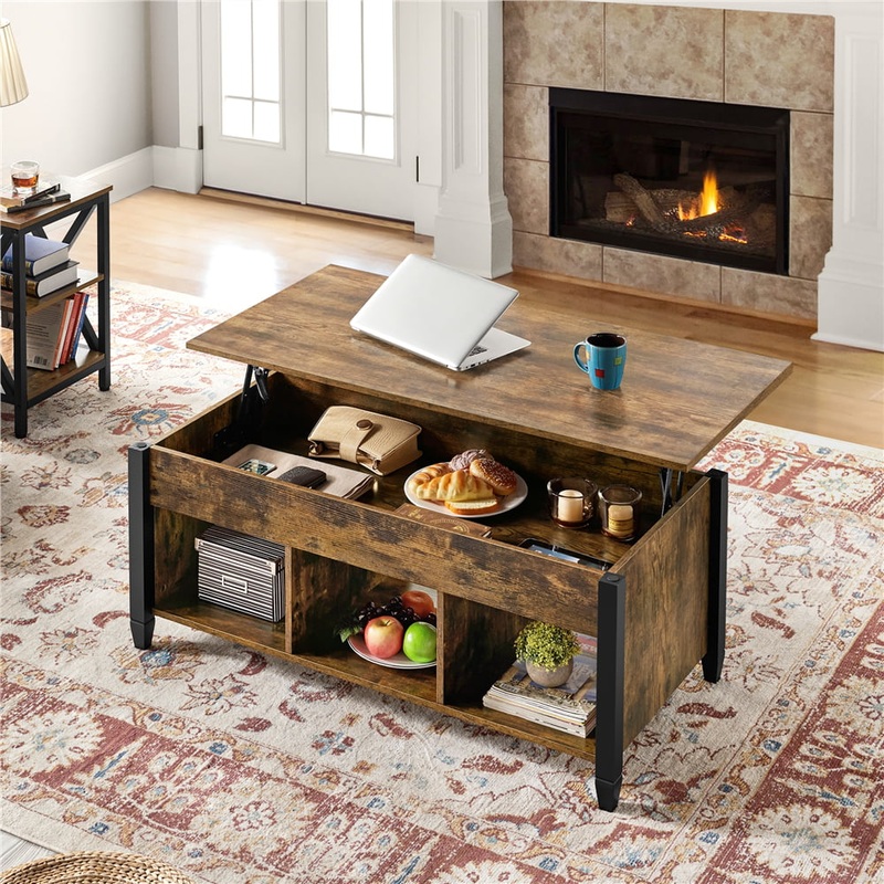 Alden Design 47.5 Lift Top Coffee Table with 3 Storage Compartments, Rustic Brown