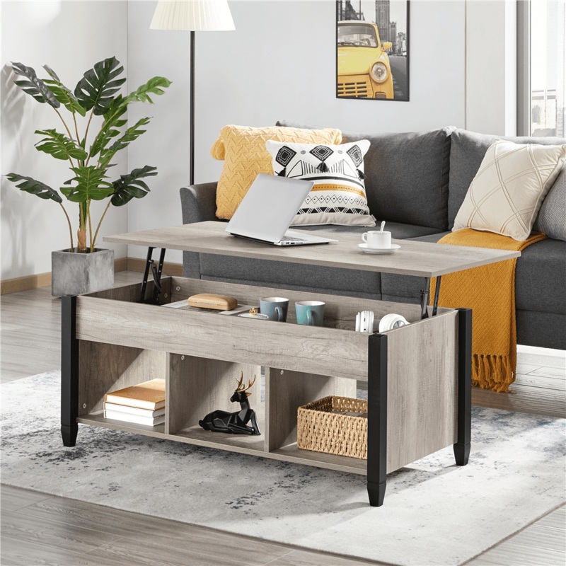 Alden Design 47.5 Lift Top Coffee Table with 3 Storage Compartments, Rustic Gray